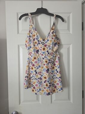 Floral Wrap-Front Swimsuit in White with Yellow & Purple Flowers